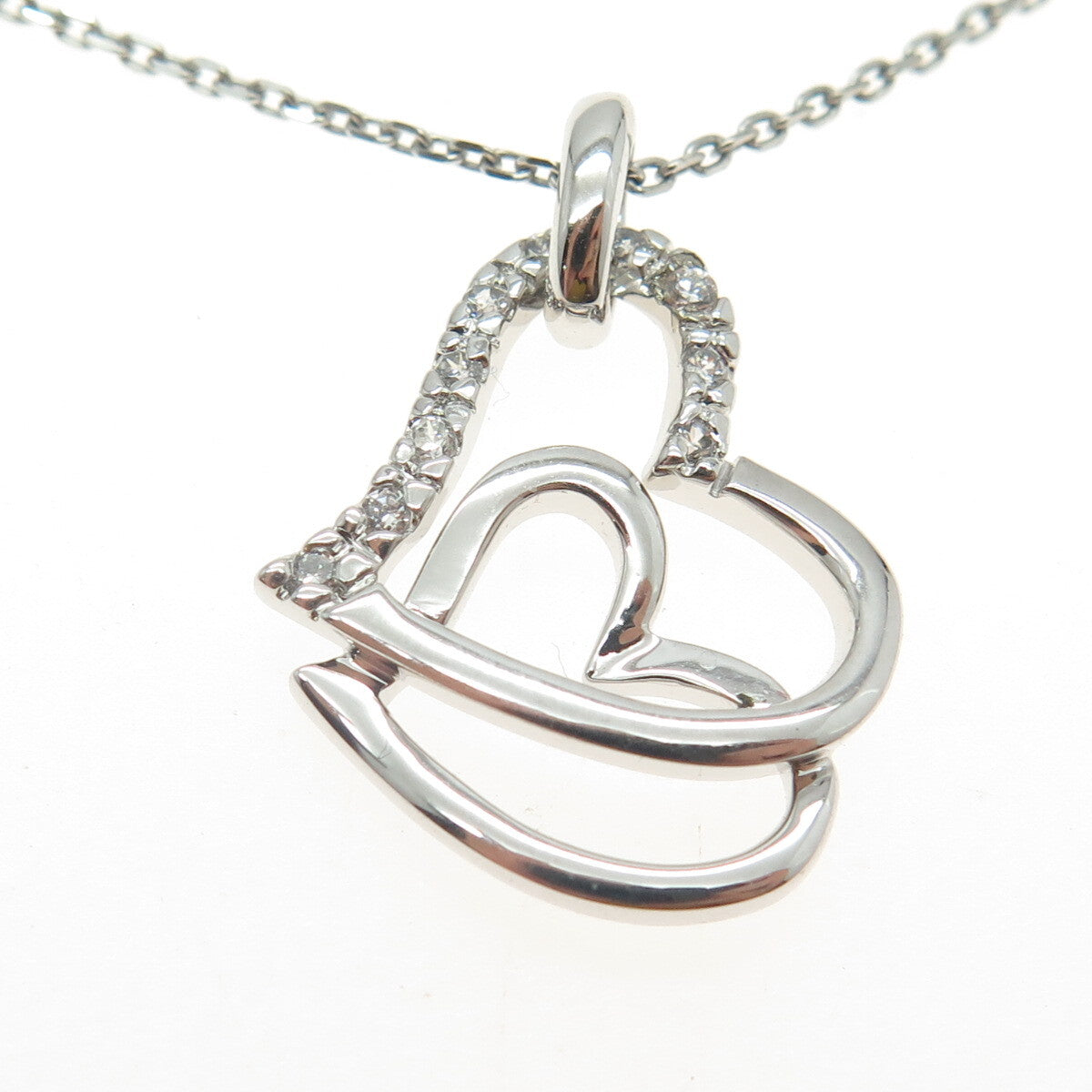 925 Sterling Silver Round-Cut C Z Double Heart Cable Chain Necklace 16"