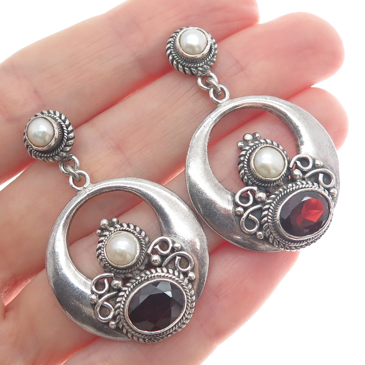 925 Sterling Silver Vintage Real Pearl & Red Garnet Crescent Dangle Earrings