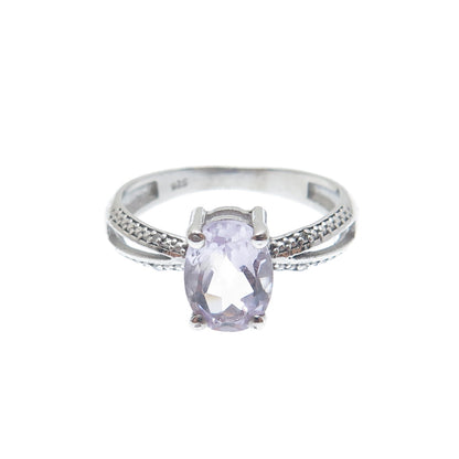 925 Sterling Silver Real Diamond Accent & Oval-Cut Amethyst Ring Size 7
