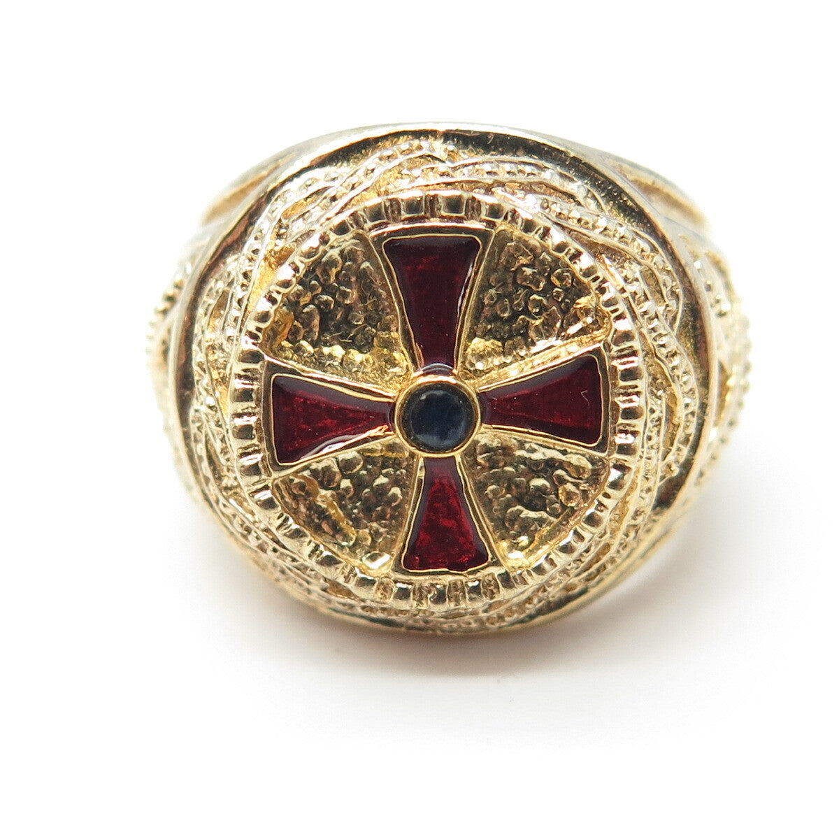 925 Sterling Silver Gold Plated Vintage USA Sapphire Gem & Enamel Ring Size 8