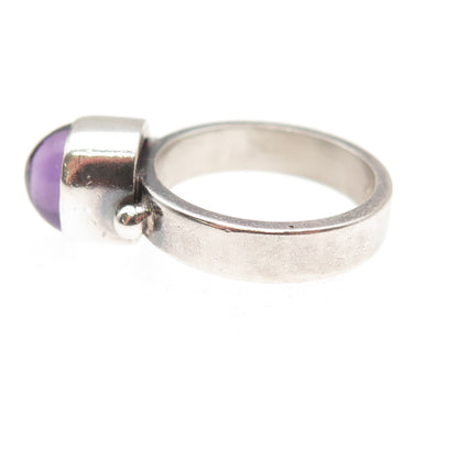 925 Sterling Silver Vintage Real Amethyst Modernist Oxidized Ring Size 5