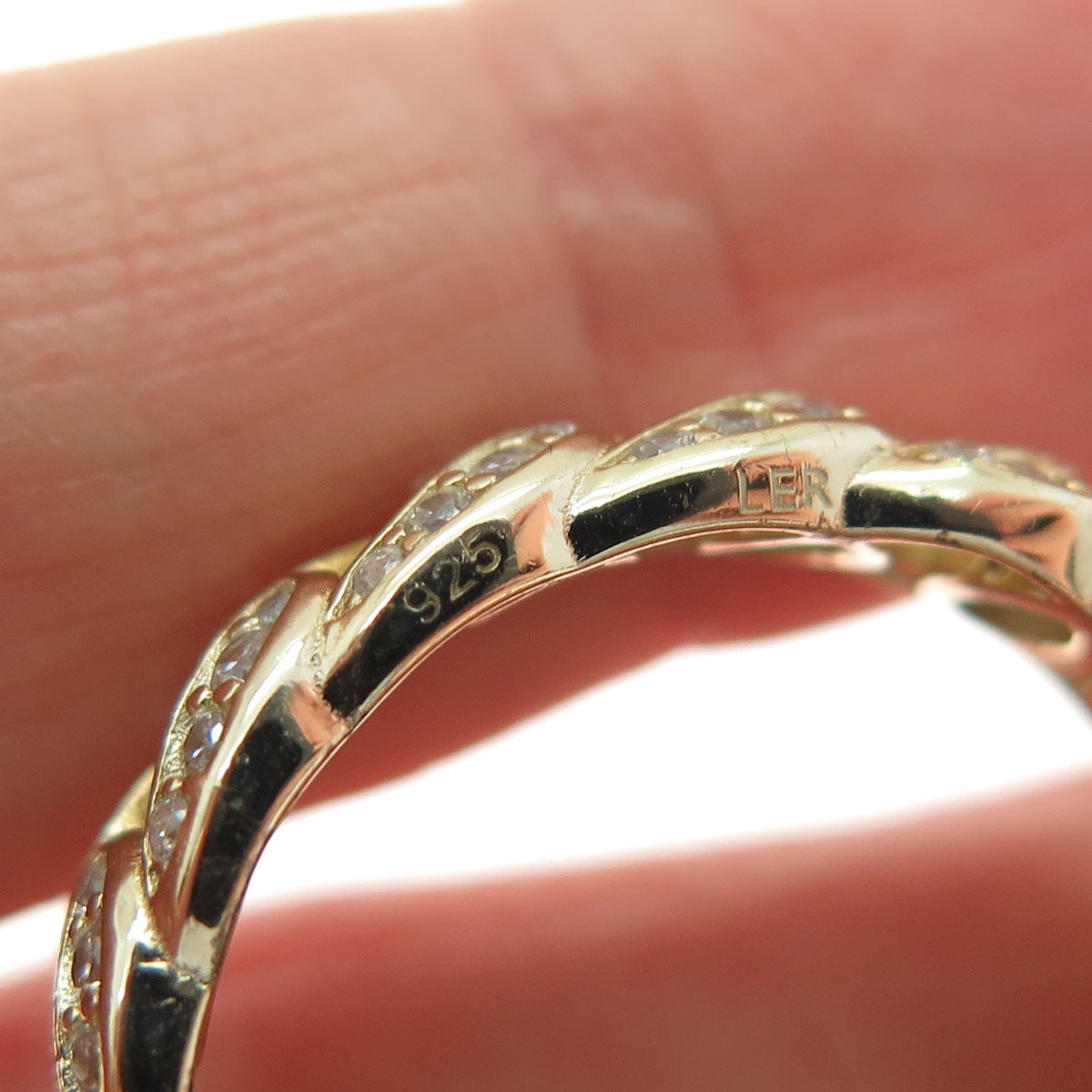 LER JEWELS Sterling Silver Gold Plated Round-Cut C Z Curb Band Ring Size 12.5