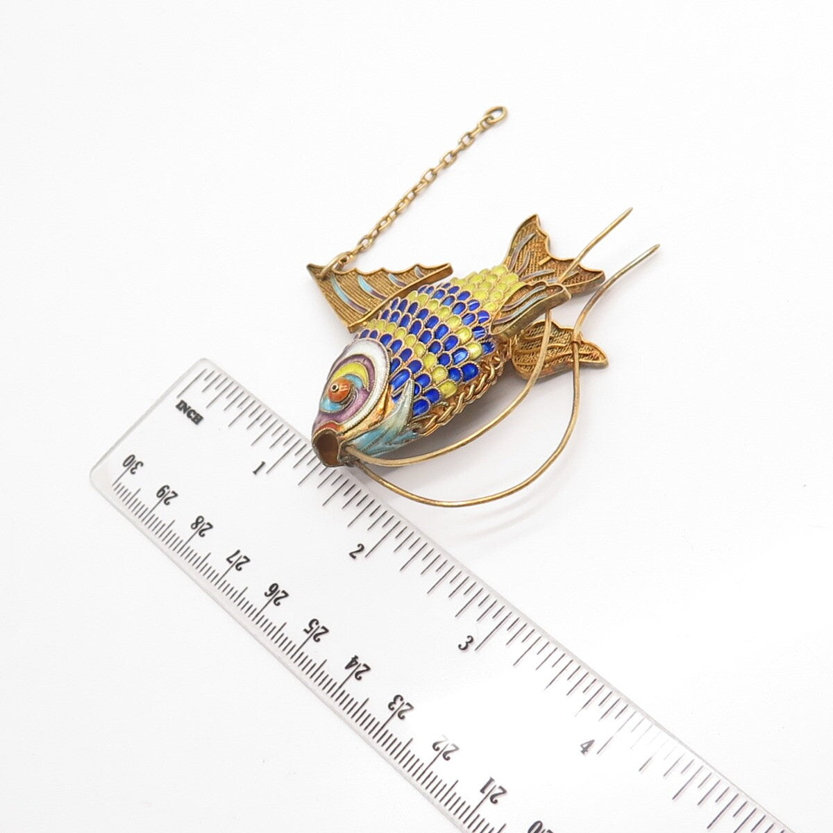 925 Sterling Silver Gold Plated Antique Enamel Chinese Koi Fish Articulated Fob