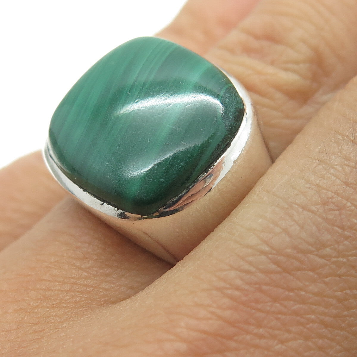925 Sterling Silver Vintage Real Cabochon Malachite Ring Size 6.75