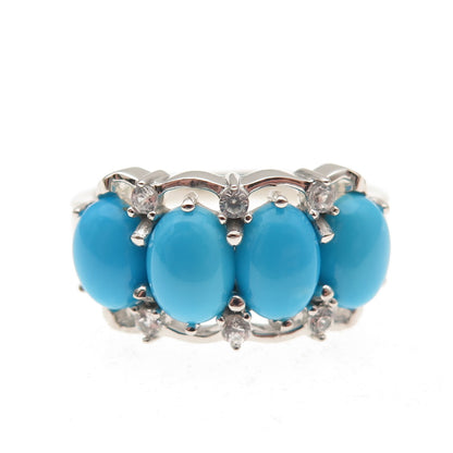 925 Sterling Silver Real Sleeping Beauty Turquoise & White Topaz Ring Size 8