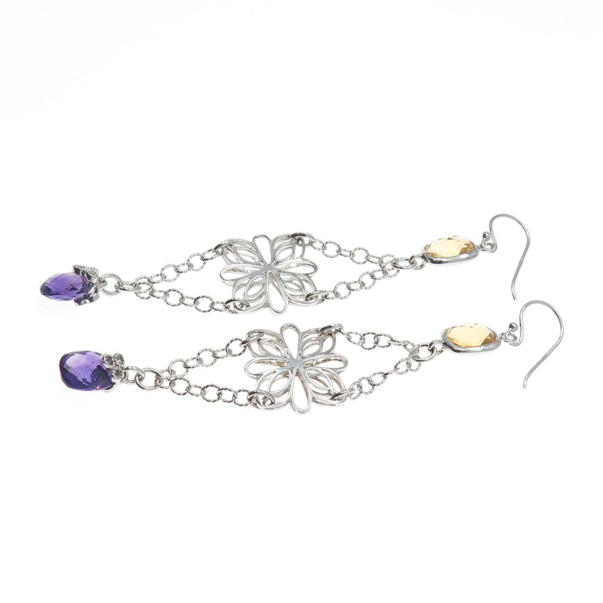 925 Sterling Silver Real Yellow & White Topaz Amethyst Flower Dangle Earrings