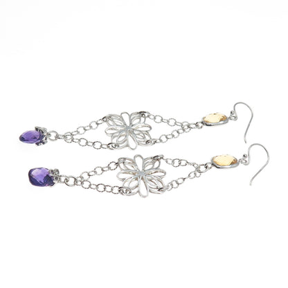 925 Sterling Silver Real Yellow & White Topaz Amethyst Flower Dangle Earrings