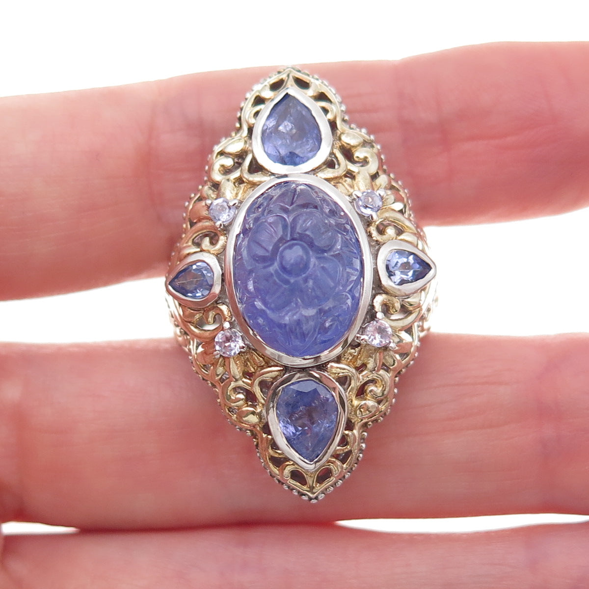 925 Sterling Silver 2-Tone Real Tanzanite Carved Floral Ring Size 8.25