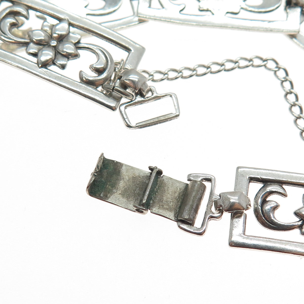 925 Sterling Silver Antique Art Deco Flower Blossom Panel Link Bracelet 7.75"