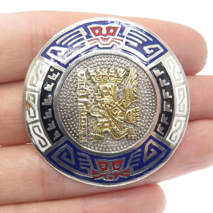 925 Sterling Silver & 18K Gold Vintage Peru Enamel Inca Deity Pin Pendant