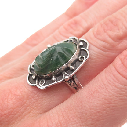 925 Sterling Silver Vintage Mexico Real Jade Carved God Oxidized Ring Size 7