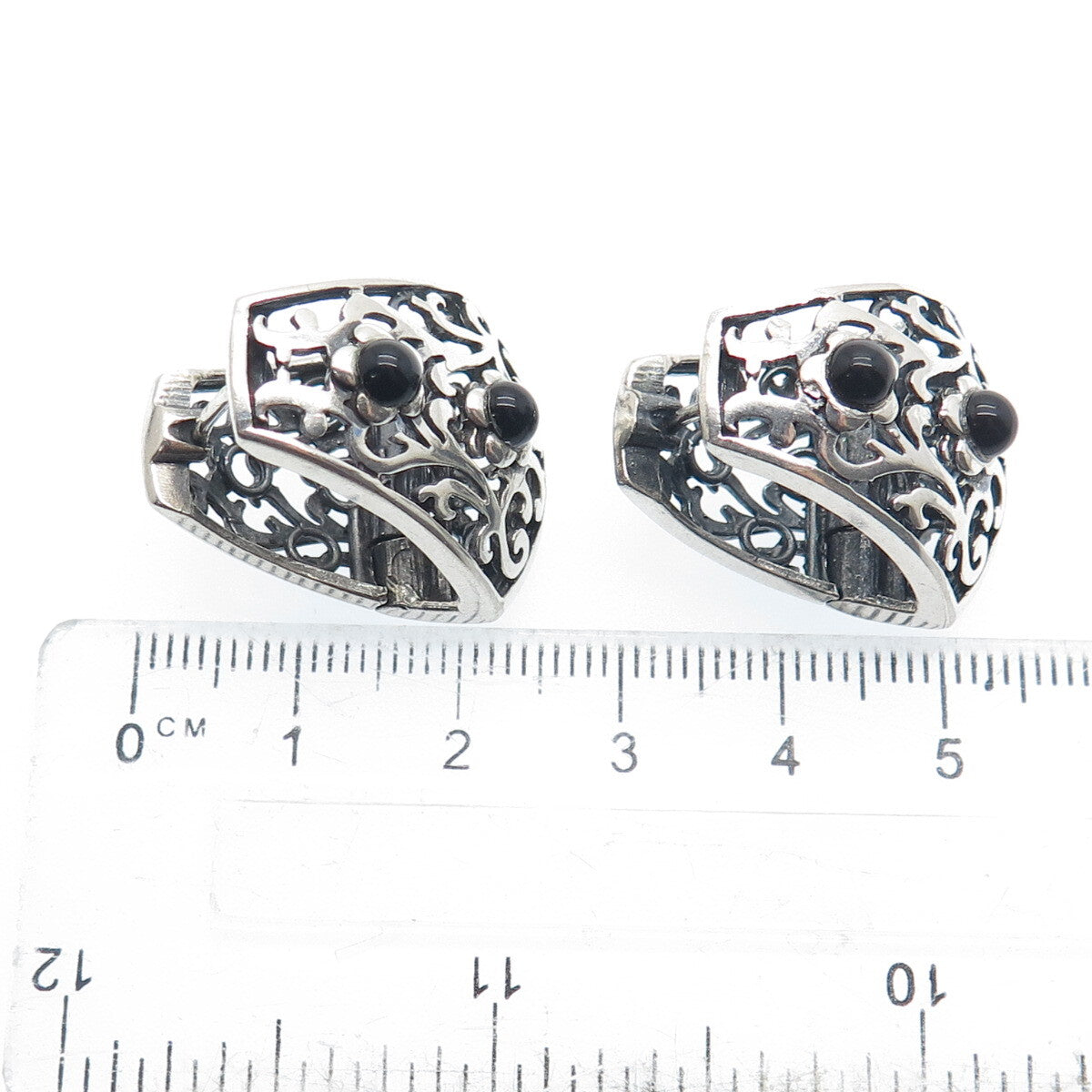 925 Sterling Silver Vintage Real Black Onyx Ornate Oxidized Earrings
