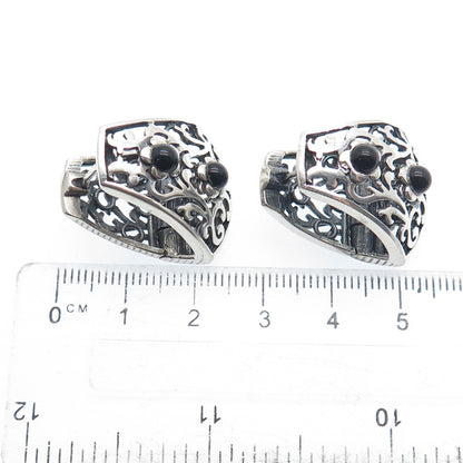 925 Sterling Silver Vintage Real Black Onyx Ornate Oxidized Earrings