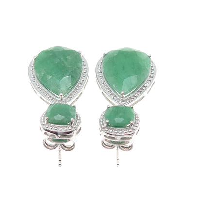 925 Sterling Silver Real Cushion & Pear-Cut Emerald Teardrop Dangle Earrings