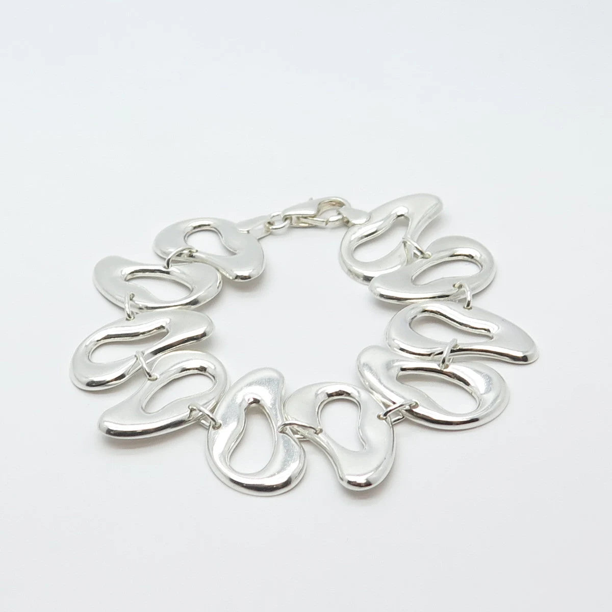 925 Sterling Silver Vintage Abstract Bean Wide Link Bracelet 7"