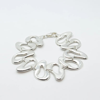 925 Sterling Silver Vintage Abstract Bean Wide Link Bracelet 7"