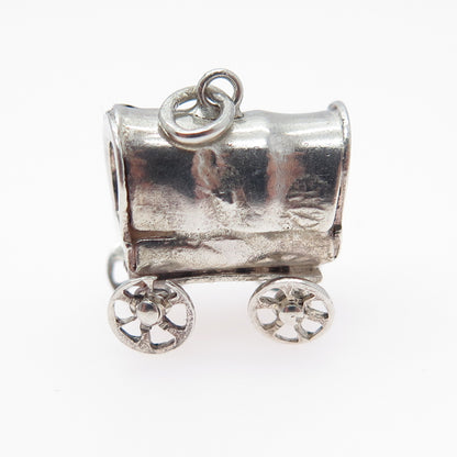 925 Sterling Silver Vintage Farmers Carriage Oxidized Minimalist 3D Pendant