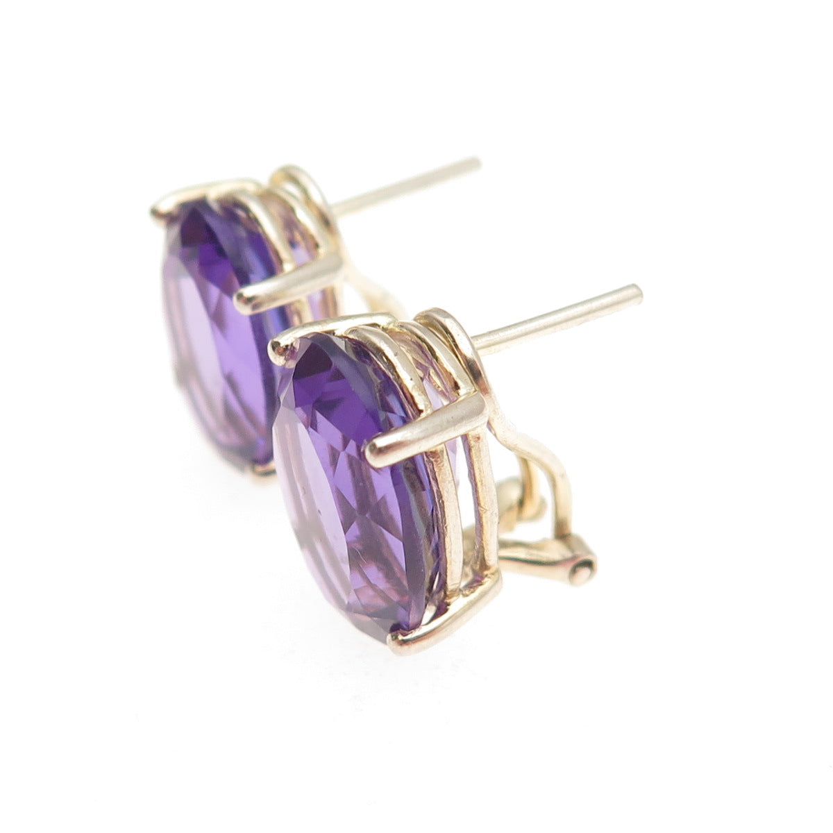 925 Sterling Silver Gold Plated Vintage Real Amethyst Omega Back Earrings