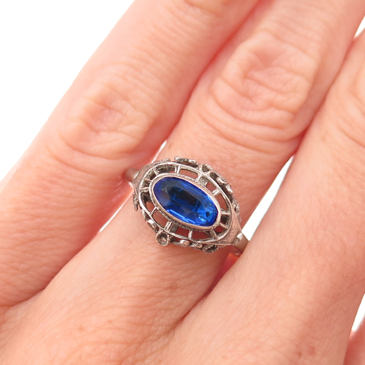 925 Sterling Silver Antique Art Deco Blue Rhinestone Oxidized Ring Size 5.5