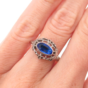 925 Sterling Silver Antique Art Deco Blue Rhinestone Oxidized Ring Size 5.5