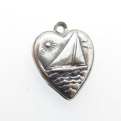 925 Sterling Silver Antique Sailboat Heart Chatelaine Minimalist Charm Pendant