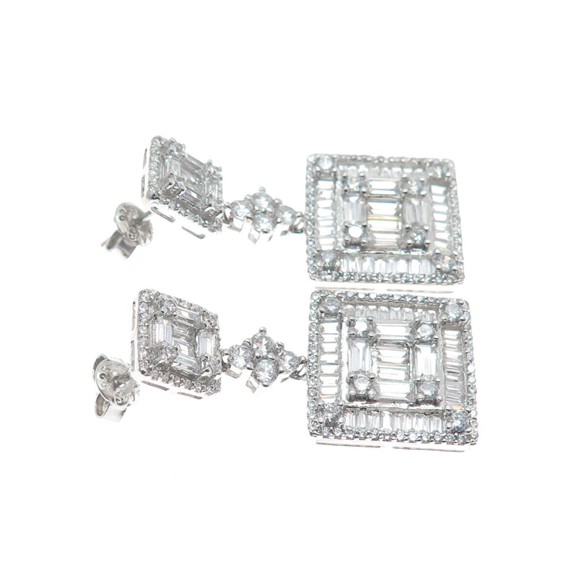 925 Sterling Silver Round & Baguette-Cut C Z Dangle Earrings