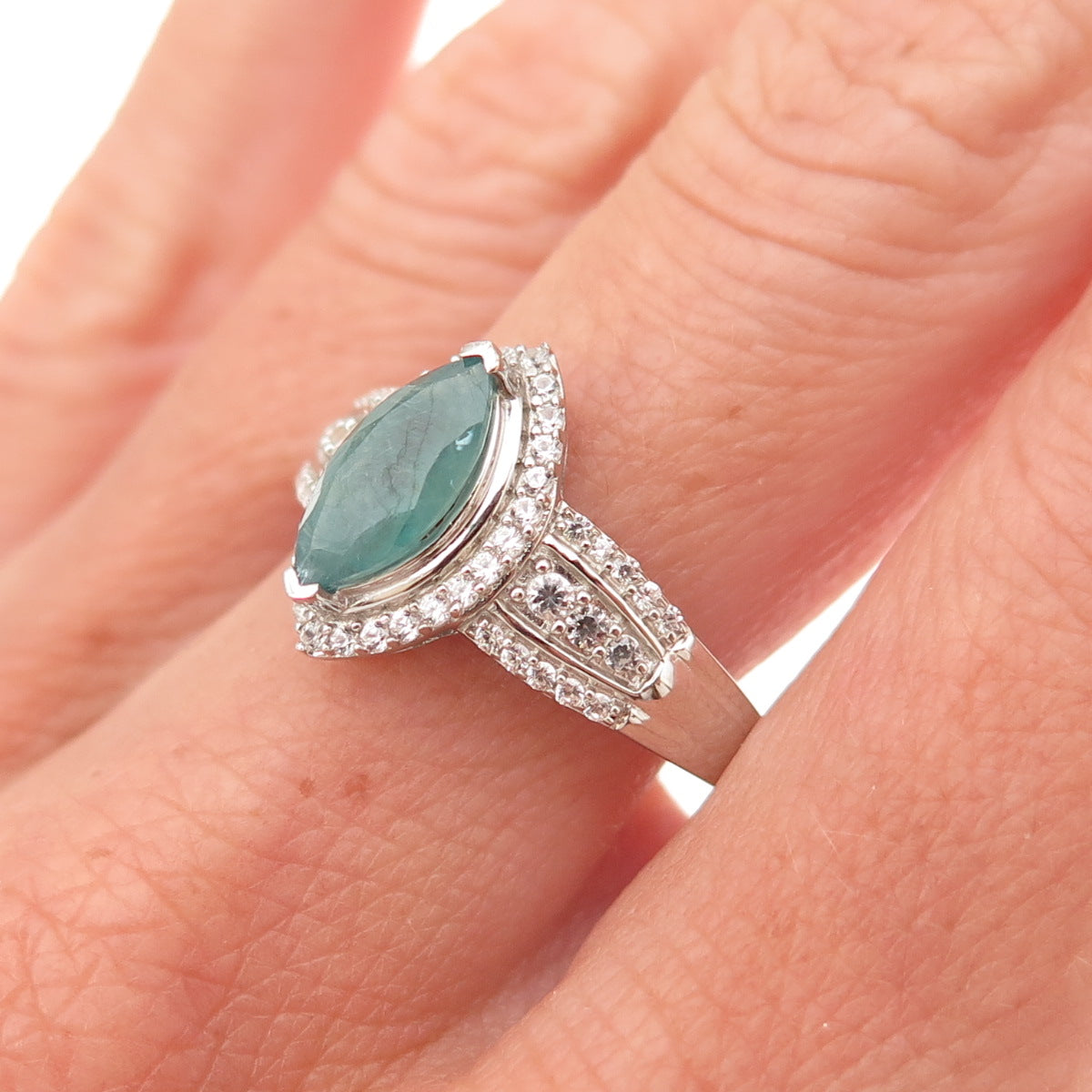 D'Joy 925 Sterling Silver Real Aquamarine & White Topaz Ring Size 8
