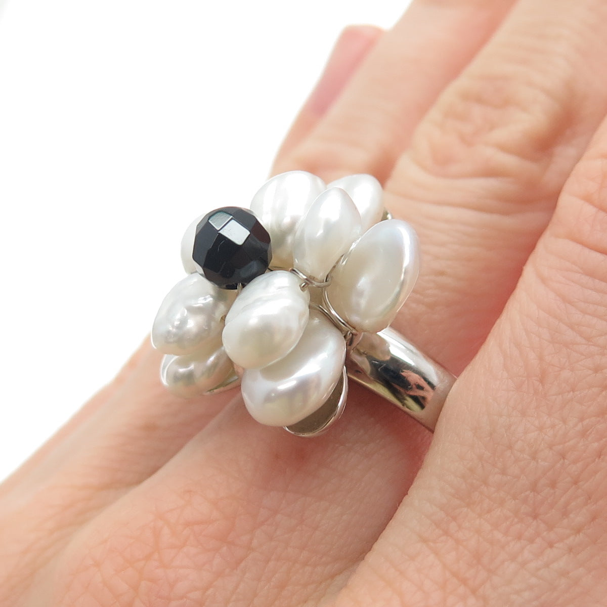 925 Sterling Silver Vintage Real Baroque Pearl Black Onyx Flower Ring Size 9.25