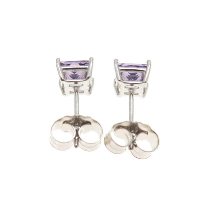 925 Sterling Silver Princess-Cut Shaped Purple C Z Stud Earrings