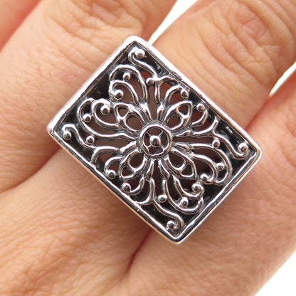 925 Sterling Silver Vintage Modernist Flower Oxidized Ring Size 6.5