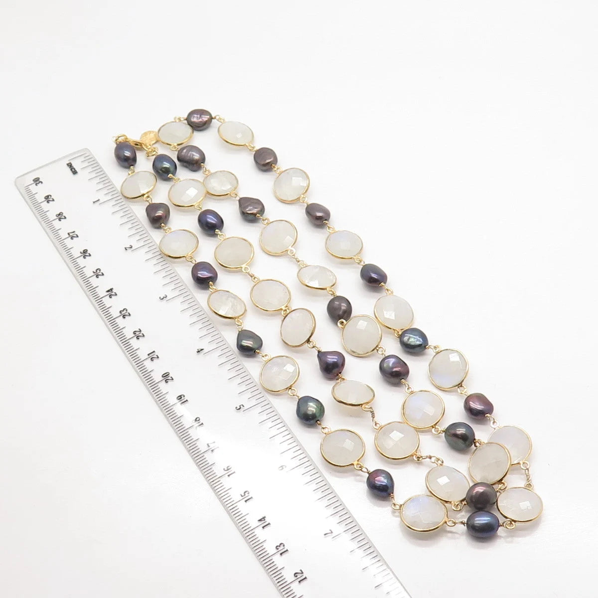 925 Sterling Silver Gold Plated Vintage MLD Pearl & Moonstone Gem Necklace 32"