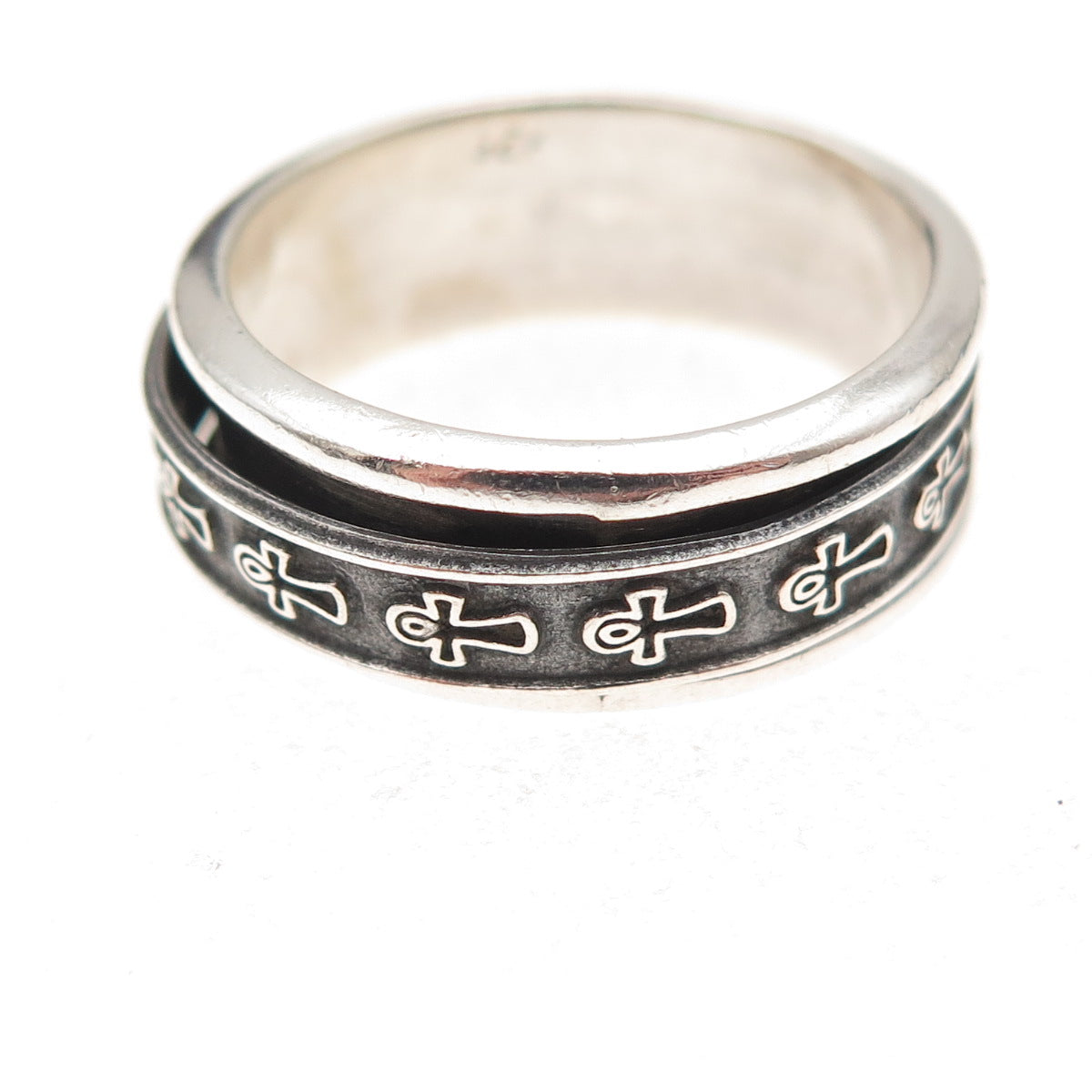 925 Sterling Silver Vintage Egyptian Ankh Rotating Oxidized Band Ring Size 10