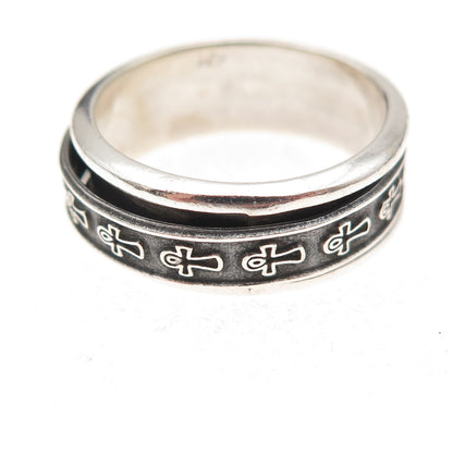 925 Sterling Silver Vintage Egyptian Ankh Rotating Oxidized Band Ring Size 10