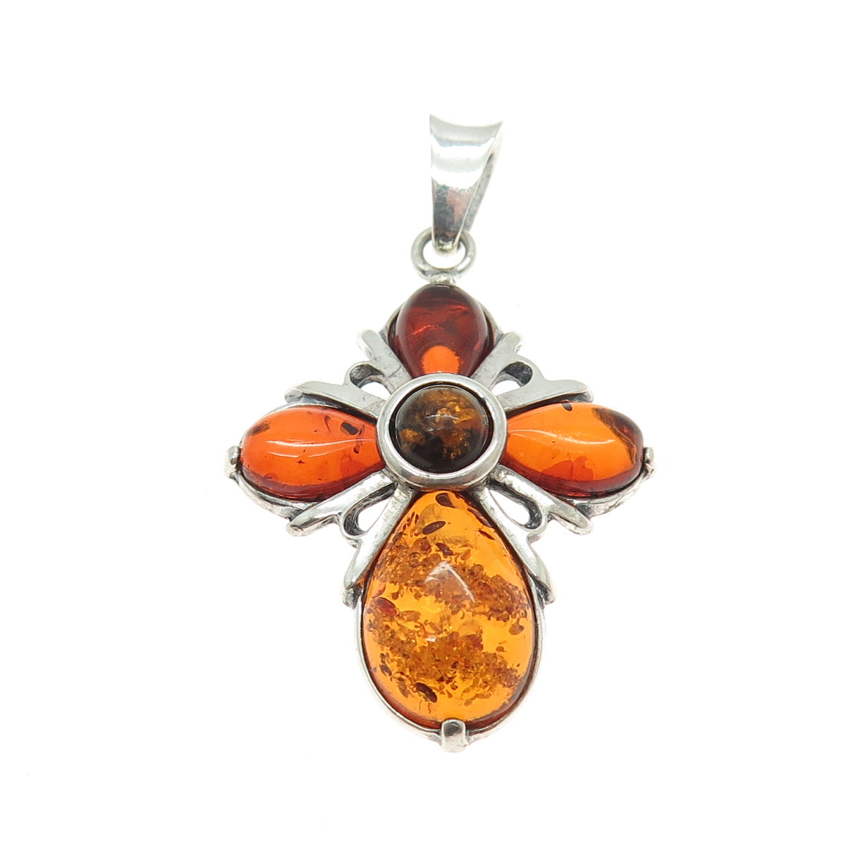 VALERIO V8 925 Sterling Silver Vintage Poland Real Amber Cross Pendant