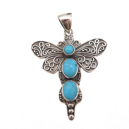 925 Sterling Silver Vintage Real Turquoise Dragonfly Oxidized Charm Pendant
