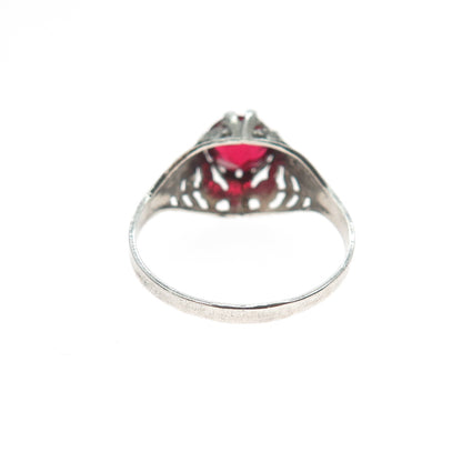 925 Sterling Silver Antique Art Deco Red Rhinestone Oxidized Ring Size 6.75