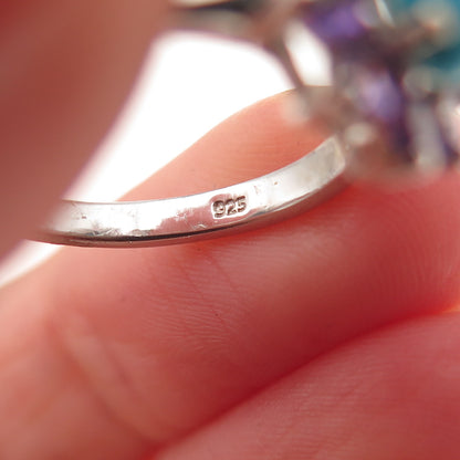 Chuck Clemency 925 Sterling Silver Real Turquoise & Amethyst Floral Ring Size 7