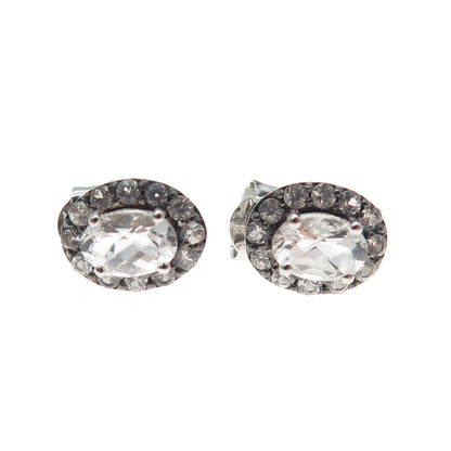 925 Sterling Silver Real Oval-Cut White Topaz & Round-Cut C Z Stud Earrings