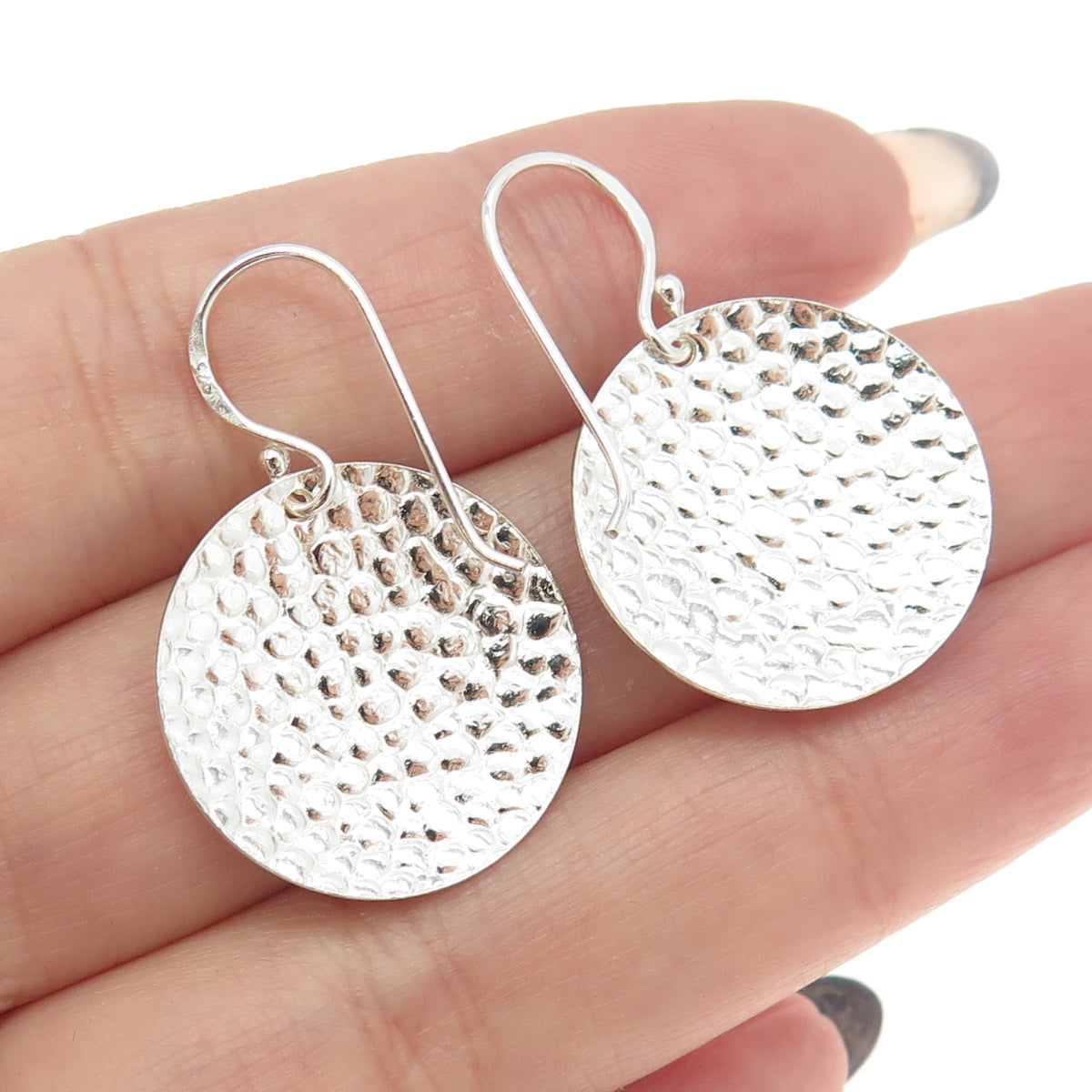 925 Sterling Silver Hammered Disc Dangling Earrings