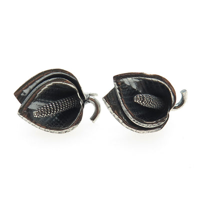 925 Sterling Silver Antique Art Deco Calla Lily Oxidized Screw Back Earrings