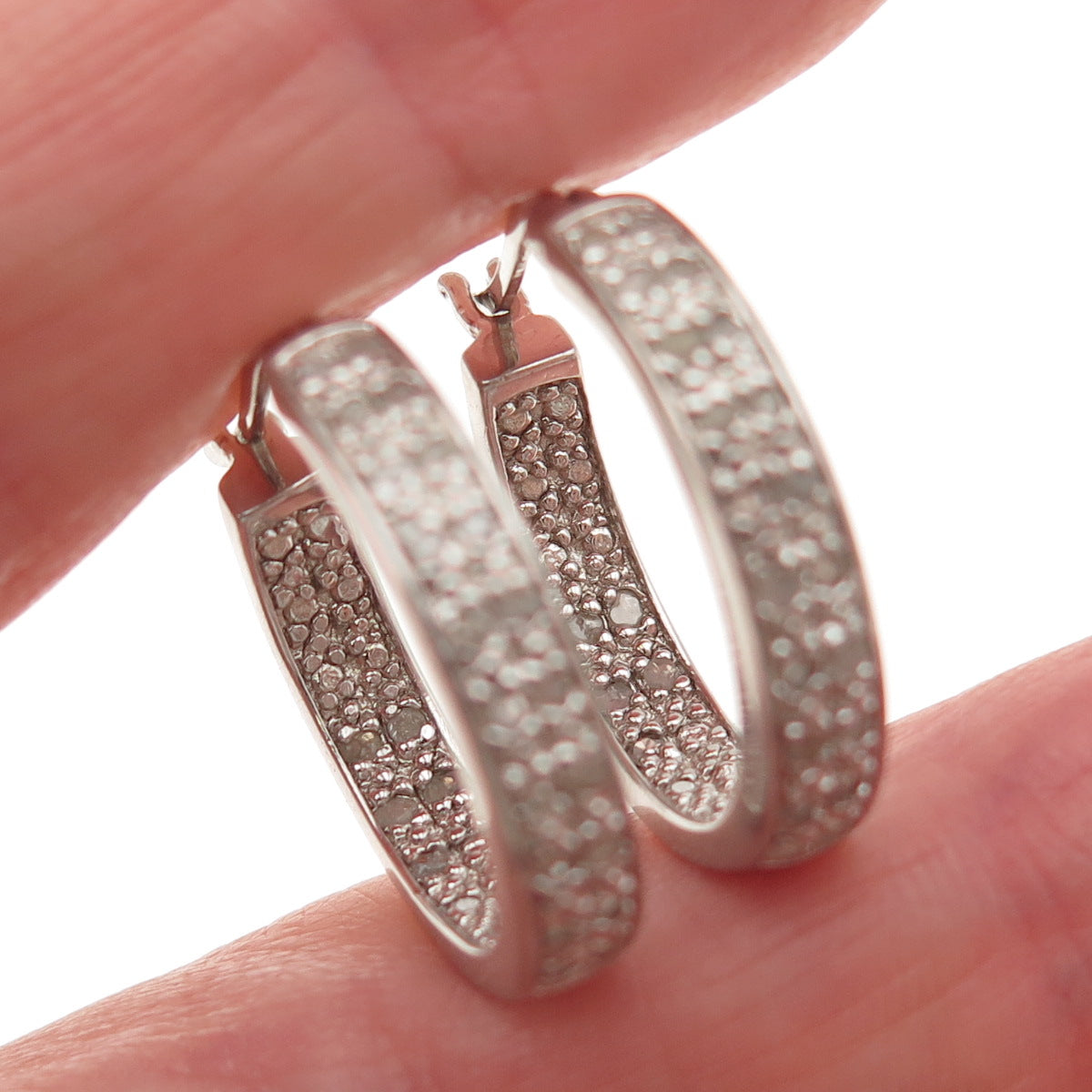 DEE BERKLE 925 Sterling Silver Real Round-Cut Diamond In & Out Hoop Earrings