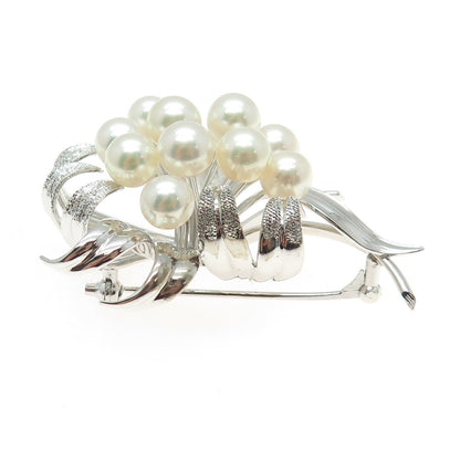 925 Sterling Silver Antique Japan Real Akoya Pearl Floral Pin Brooch