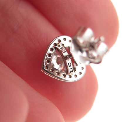 925 Sterling Silver Round-Cut C Z Heart Stud Earrings