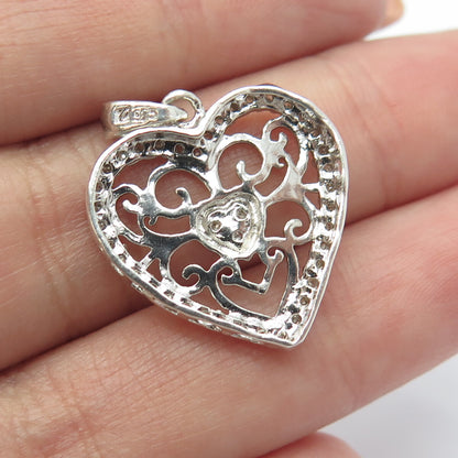925 Sterling Silver Real Round-Cut White Diamond Ornate Heart Pendant