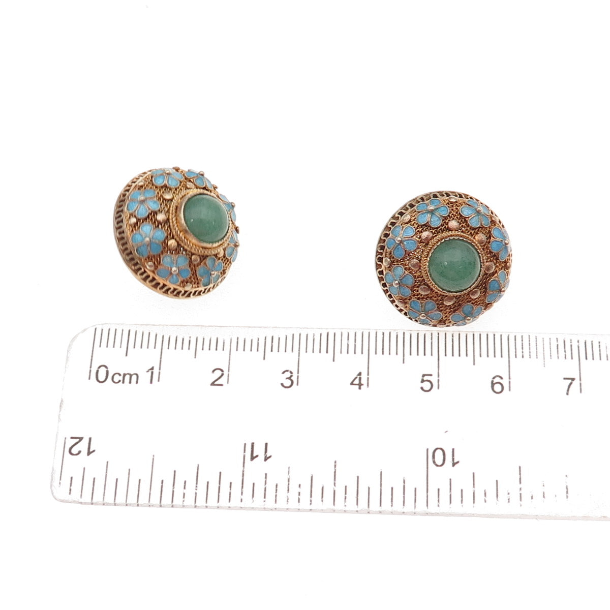 925 Sterling Silver Gold Plated Vintage Enamel Real Aventurine Floral Earrings