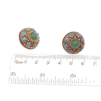 925 Sterling Silver Gold Plated Vintage Enamel Real Aventurine Floral Earrings
