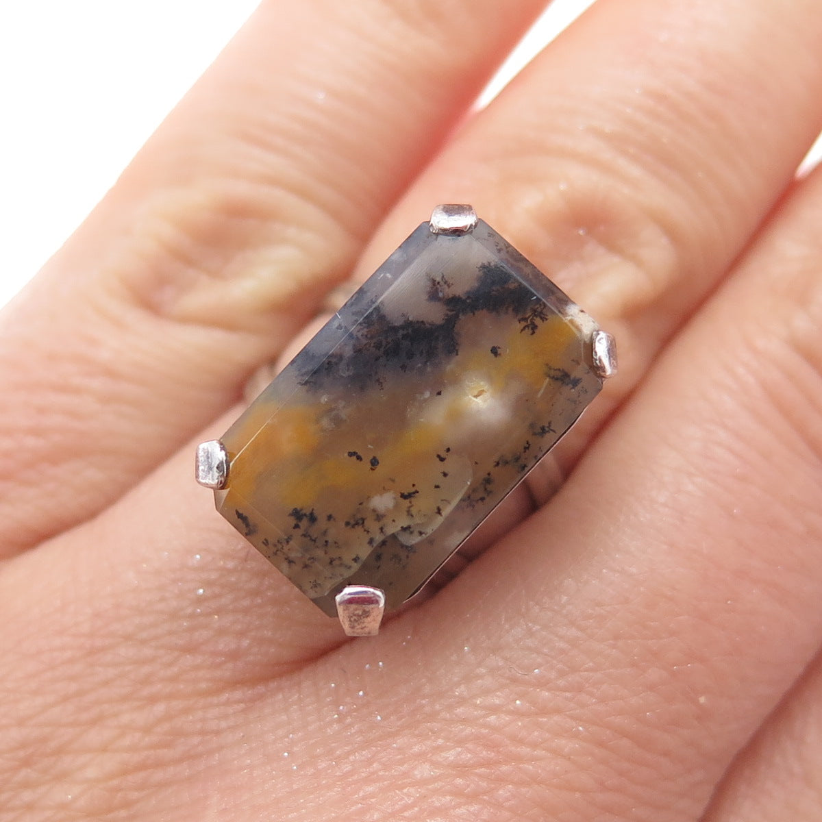 925 Sterling Silver Vintage Real Dendritic Agate Modernist Ring Size 6.5
