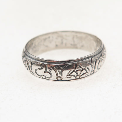 925 Sterling Silver Vintage Engraved Lotus Flower Oxidized Band Ring Size 9