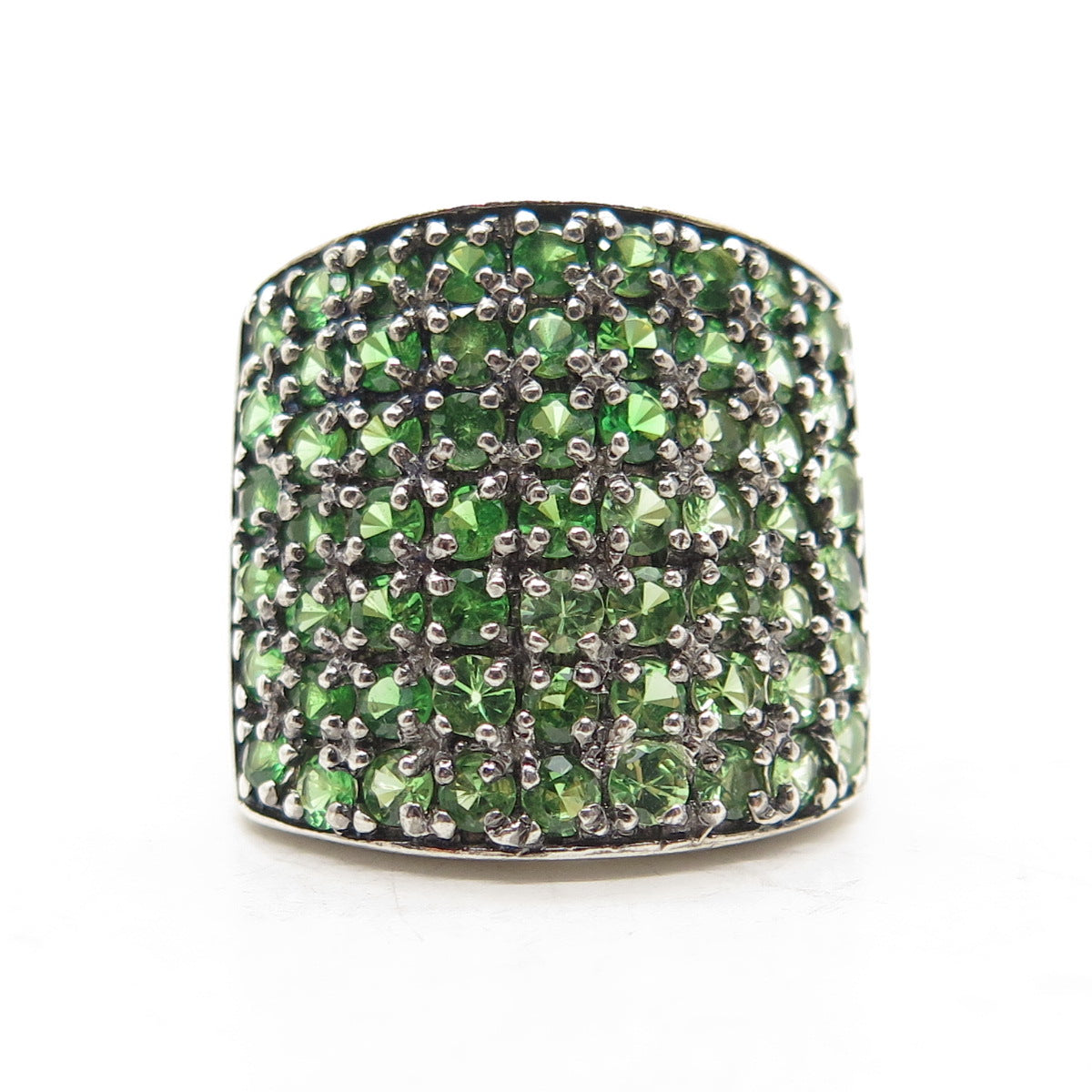 925 Sterling Silver Real Round-Cut Chrome Diopside Cluster Wide Ring Size 6.25