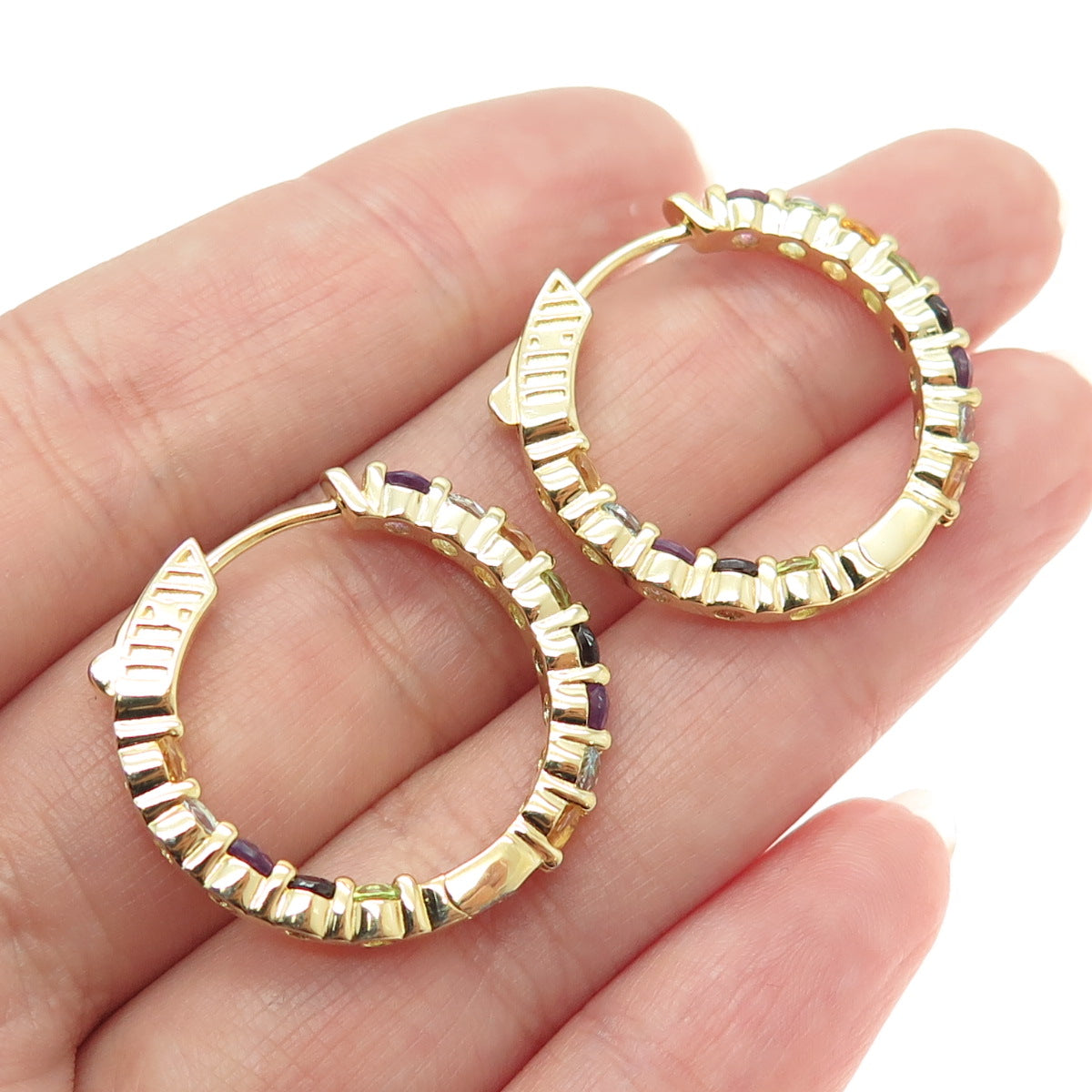 HAN 925 Sterling Silver Gold Plated Real Multi-Color Gem In & Out Hoop Earrings